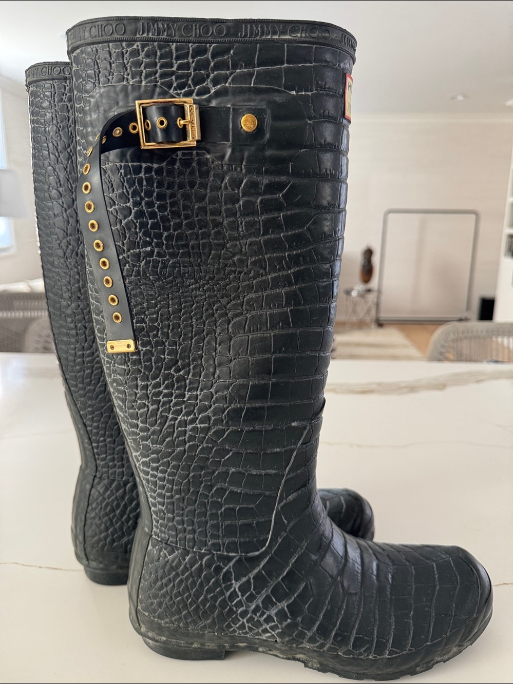 Jimmy Choo x Hunter Crocodile-Embossed Blue Rain Boots, - Picture 7 of 16